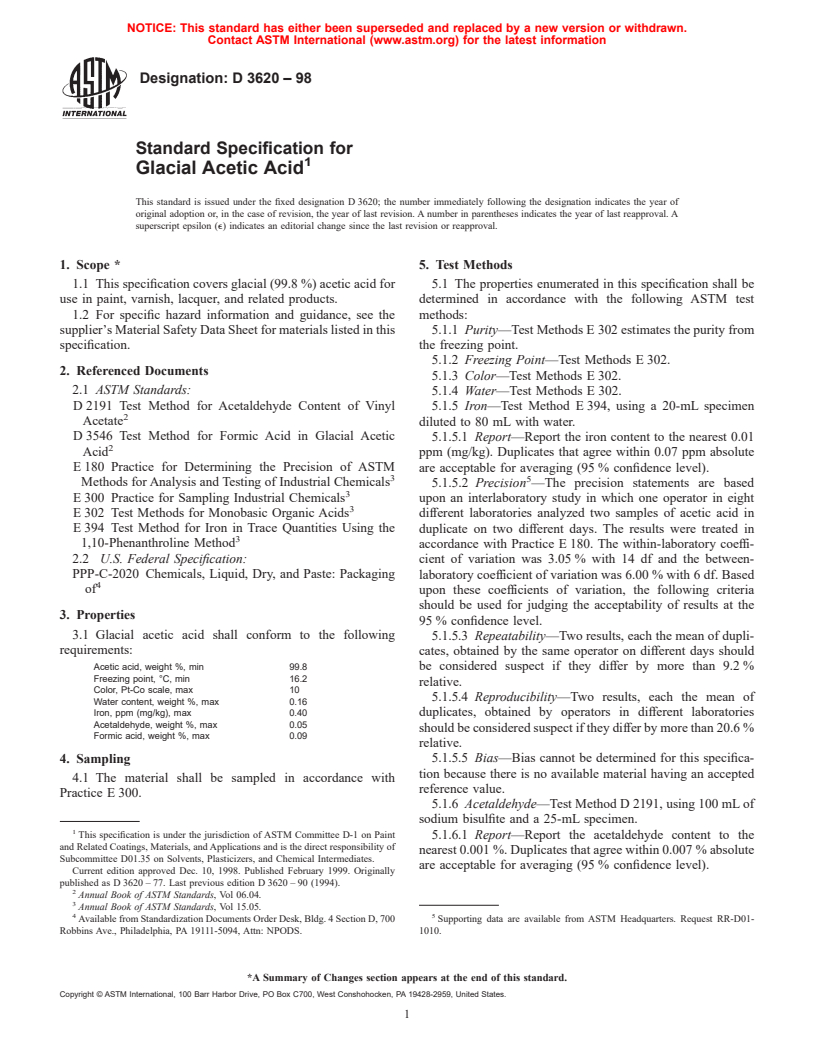 ASTM D3620-98 - Standard Specification for Glacial Acetic Acid