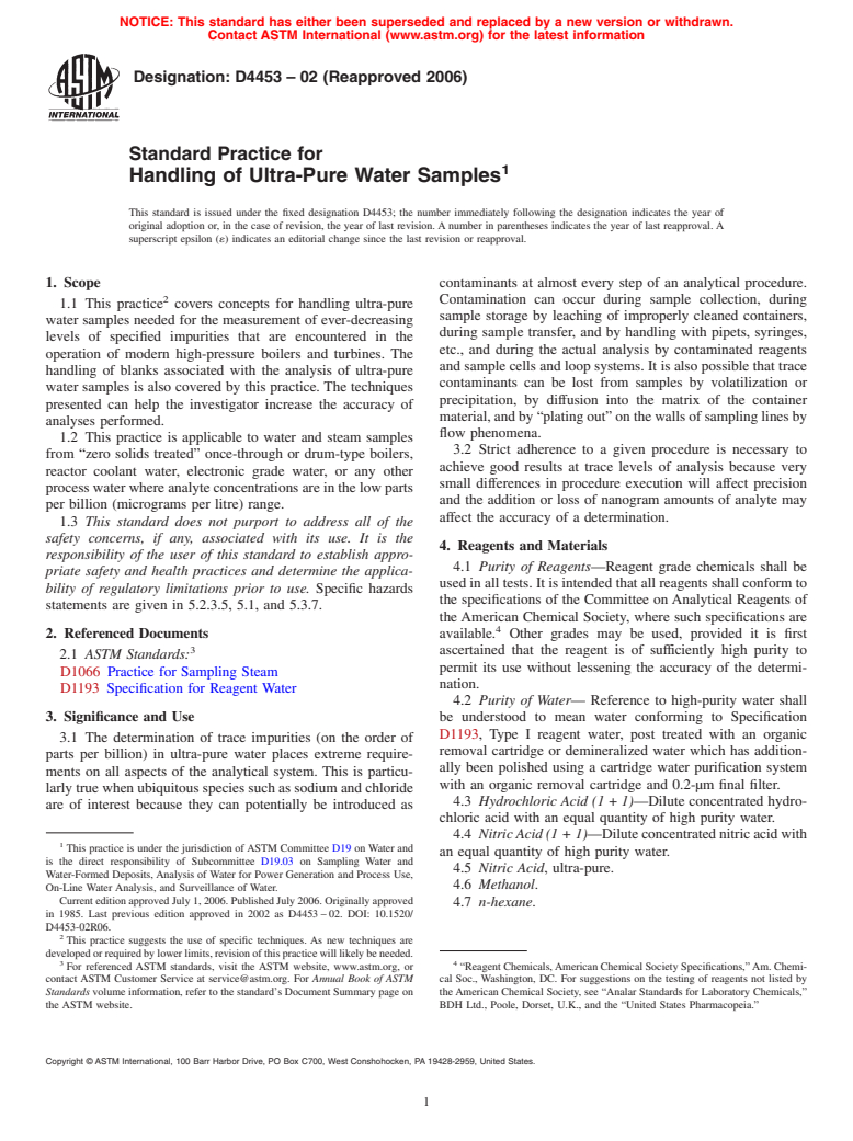 ASTM D4453-02(2006) - Standard Practice for Handling of Ultra-Pure Water Samples