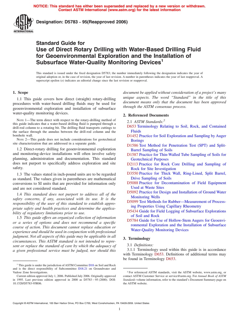 ASTM D5783-95(2006) - Standard Guide for  Use of Direct Rotary Drilling with Water-Based Drilling Fluid for Geoenvironmental Exploration and the Installation of Subsurface Water-Quality Monitoring Devices