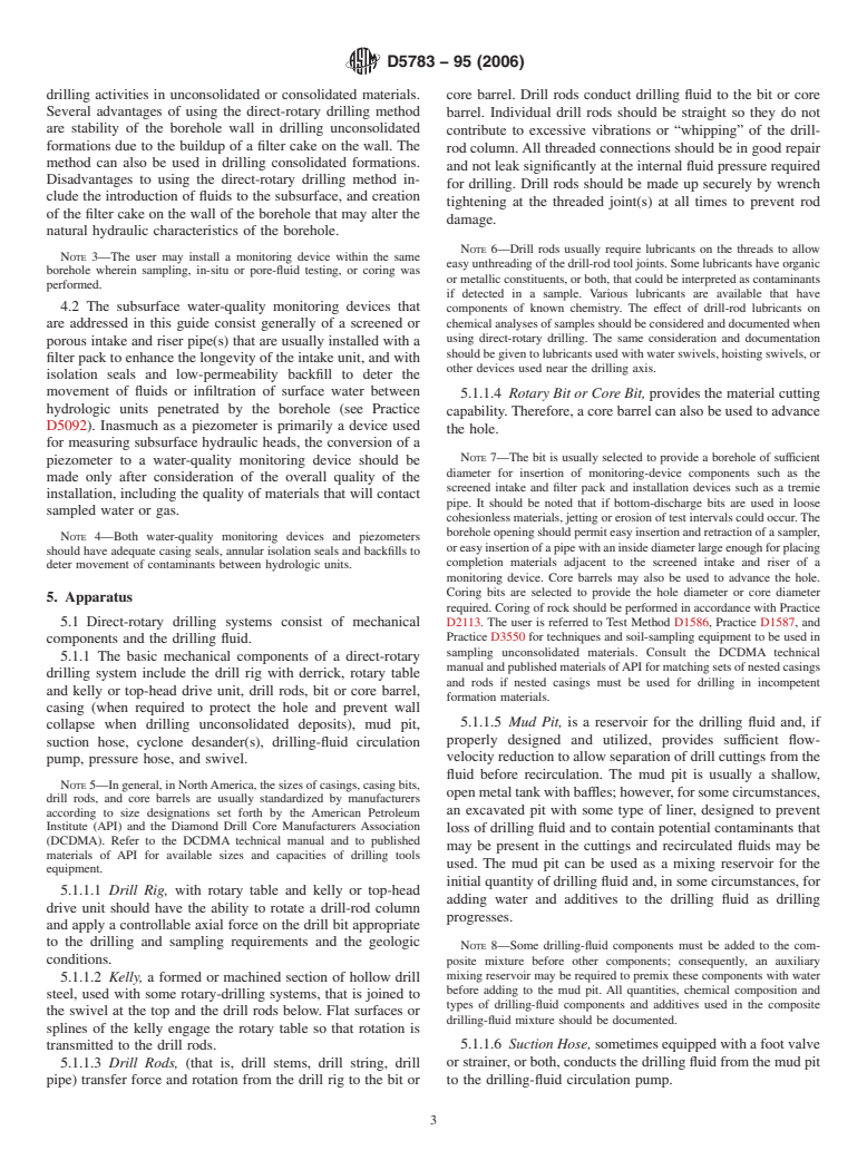 ASTM D5783-95(2006) - Standard Guide for  Use of Direct Rotary Drilling with Water-Based Drilling Fluid for Geoenvironmental Exploration and the Installation of Subsurface Water-Quality Monitoring Devices