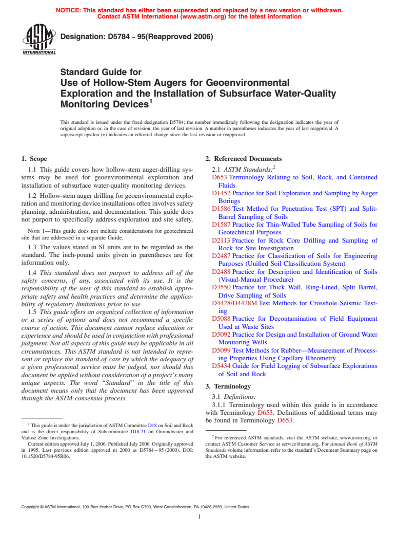 ASTM D5784-95(2006) - Standard Guide for  Use of Hollow-Stem Augers for Geoenvironmental Exploration and the Installation of Subsurface Water-Quality Monitoring Devices