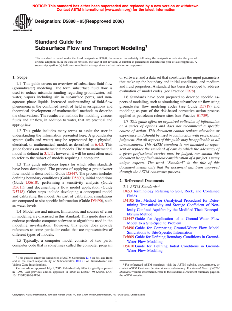 ASTM D5880-95(2006) - Standard Guide for  Subsurface Flow and Transport Modeling (Withdrawn 2015)