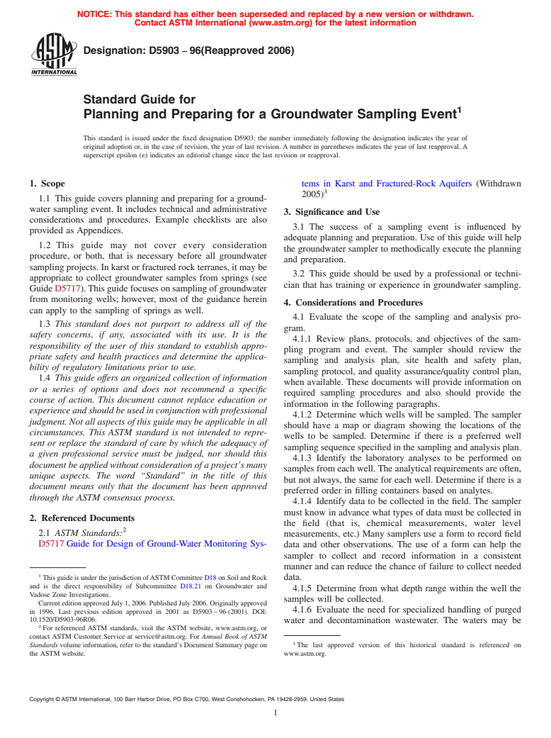 ASTM D5903-96(2006) - Standard Guide for  Planning and Preparing for a Groundwater Sampling Event