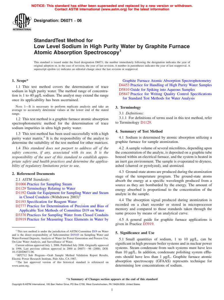 ASTM D6071-06 - Standard Test Method for Low Level Sodium in High Purity Water by Graphite Furnace Atomic Absorption Spectroscopy