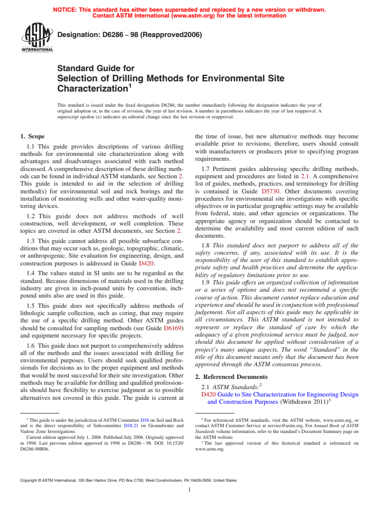 ASTM D6286-98(2006) - Standard Guide for Selection of Drilling Methods for Environmental Site Characterization