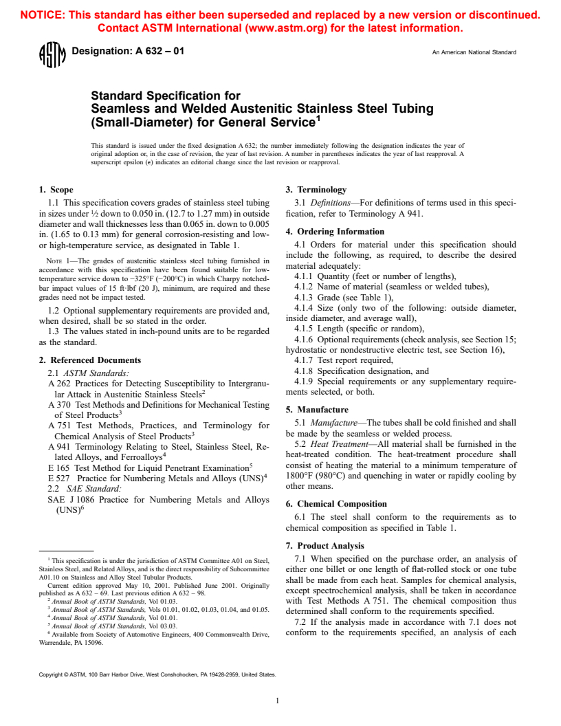 ASTM A632-01 - Standard Specification for Seamless and Welded Austenitic Stainless Steel Tubing (Small-Diameter) for General Service