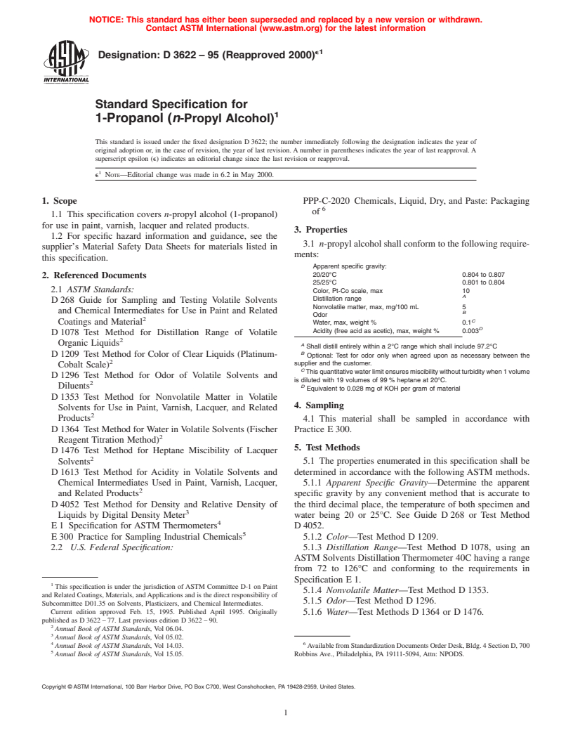 ASTM D3622-95(2000)e1 - Standard Specification for 1-Propanol (<I>n</I>-Propyl Alcohol)