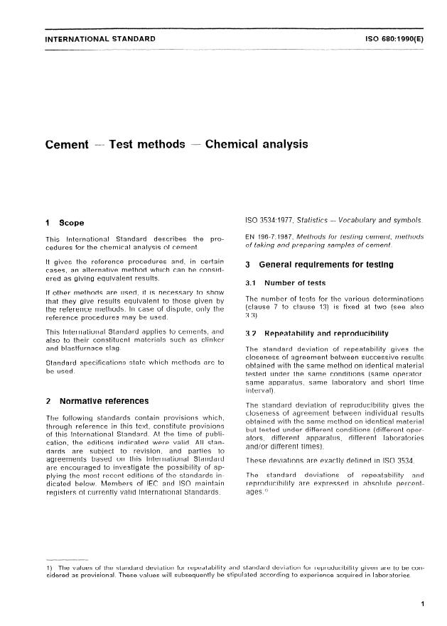 ISO 680:1990 - Cement -- Test methods -- Chemical analysis