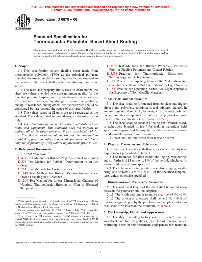 ASTM D6878-06 - Standard Specification for Thermoplastic Polyolefin Based Sheet Roofing