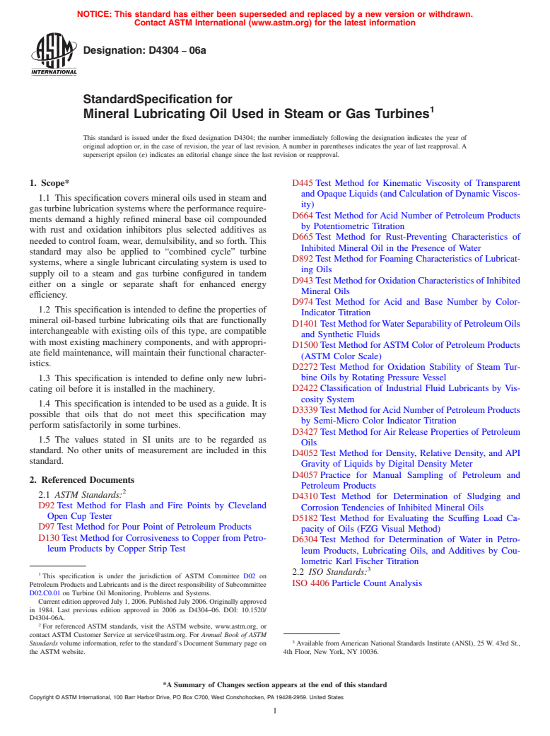 ASTM D4304-06a - Standard Specification for Mineral Lubricating Oil Used in Steam or Gas Turbines