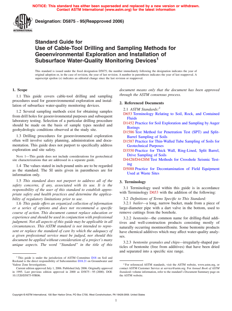 ASTM D5875-95(2006) - Standard Guide for  Use of Cable-Tool Drilling and Sampling Methods for Geoenvironmental Exploration and Installation of Subsurface Water-Quality Monitoring Devices