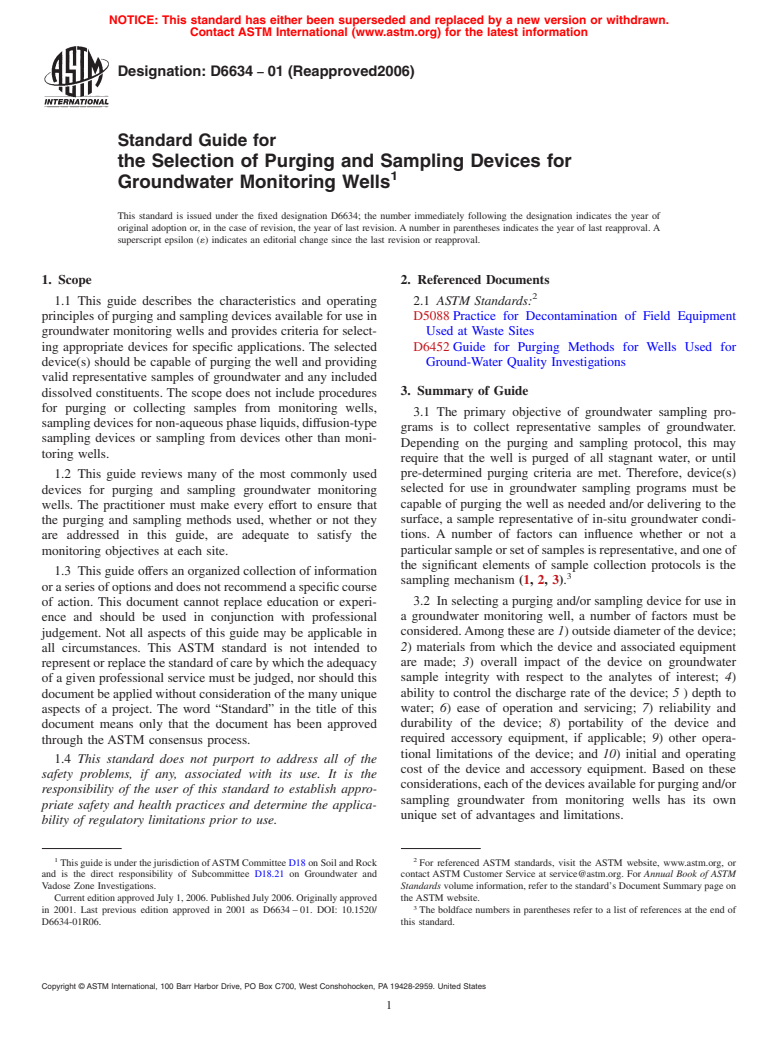 ASTM D6634-01(2006) - Standard Guide for the Selection of Purging and Sampling Devices for Groundwater Monitoring Wells