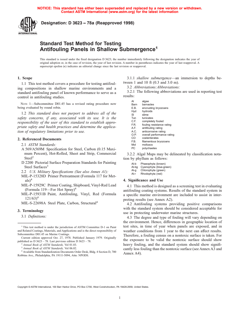 ASTM D3623-78a(1998) - Standard Method for Testing Antifouling Panels in Shallow Submergence