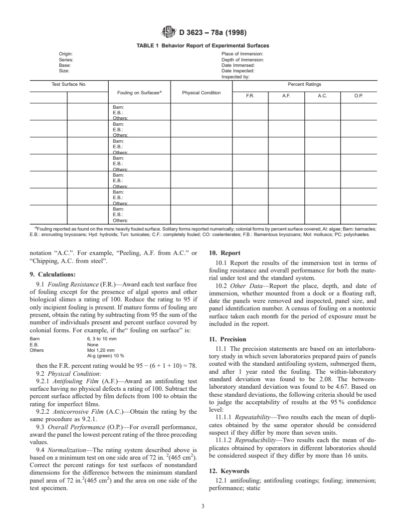 ASTM D3623-78a(1998) - Standard Method for Testing Antifouling Panels in Shallow Submergence