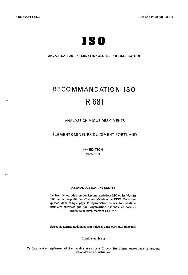 ISO/R 681:1968 - Withdrawal of ISO/R 681-1968
Released:3/1/1968