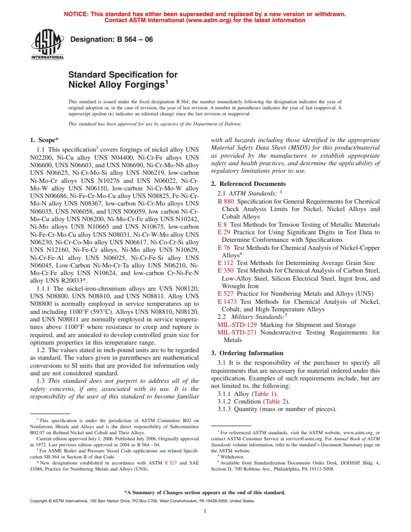 ASTM B564-06 - Standard Specification for Nickel Alloy Forgings