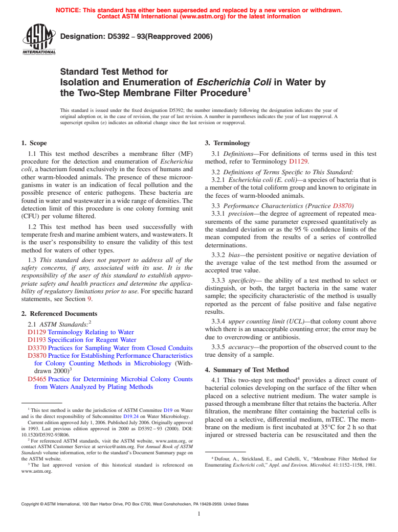 ASTM D5392-93(2006) - Standard Test Method for Isolation and Enumeration ofEscherichia Coli in Water by the Two-Step Membrane Filter Procedure