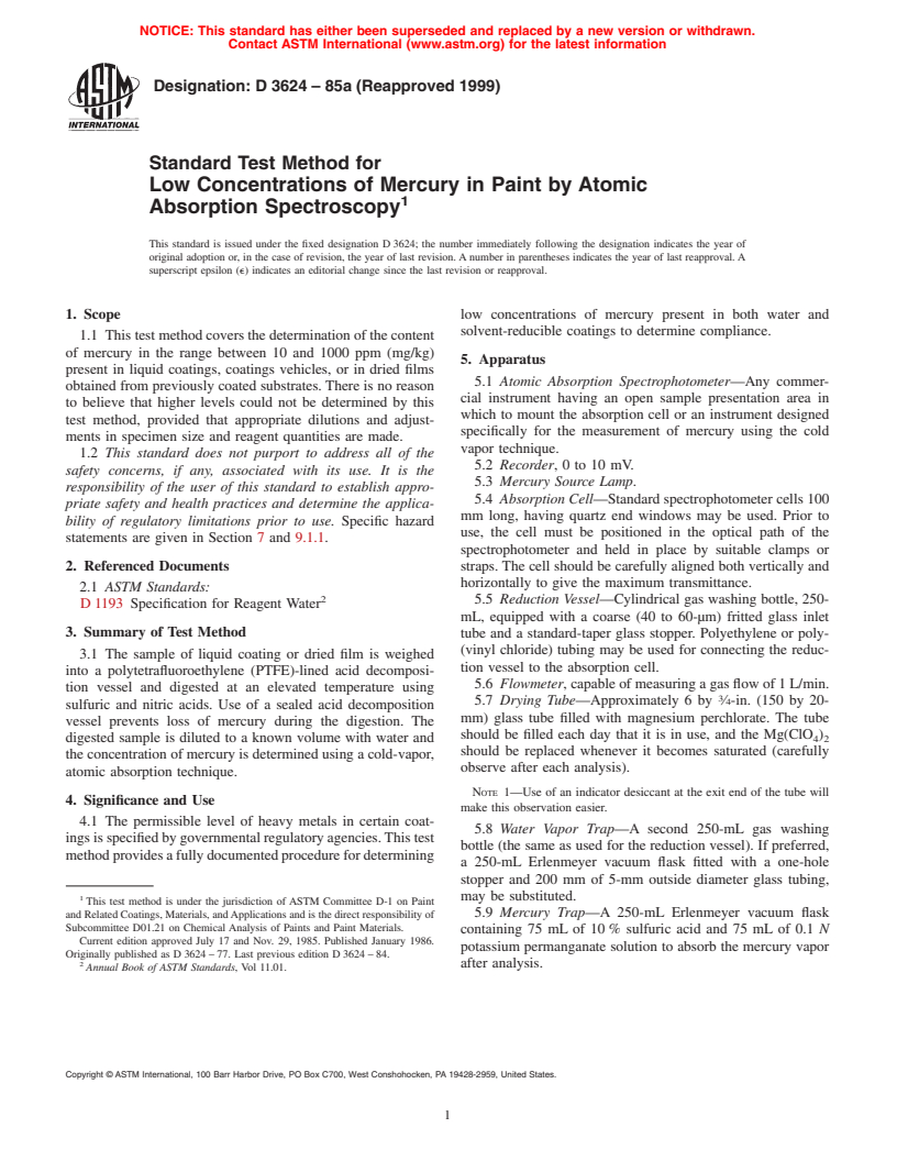 ASTM D3624-85a(1999) - Standard Test Method for Low Concentrations of Mercury in Paint by Atomic Absorption Spectroscopy