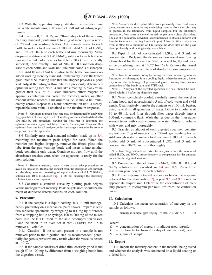 ASTM D3624-85a(1999) - Standard Test Method for Low Concentrations of Mercury in Paint by Atomic Absorption Spectroscopy