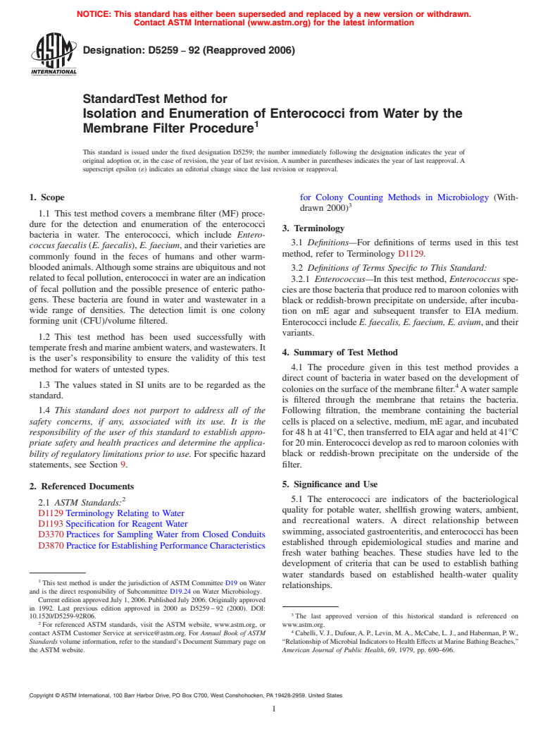 ASTM D5259-92(2006) - Standard Test Method for Isolation and Enumeration of Enterococci from Water by the Membrane Filter Procedure