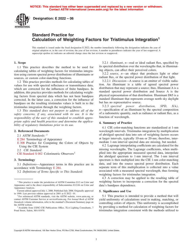 ASTM E2022-06 - Standard Practice for Calculation of Weighting Factors for Tristimulus Integration