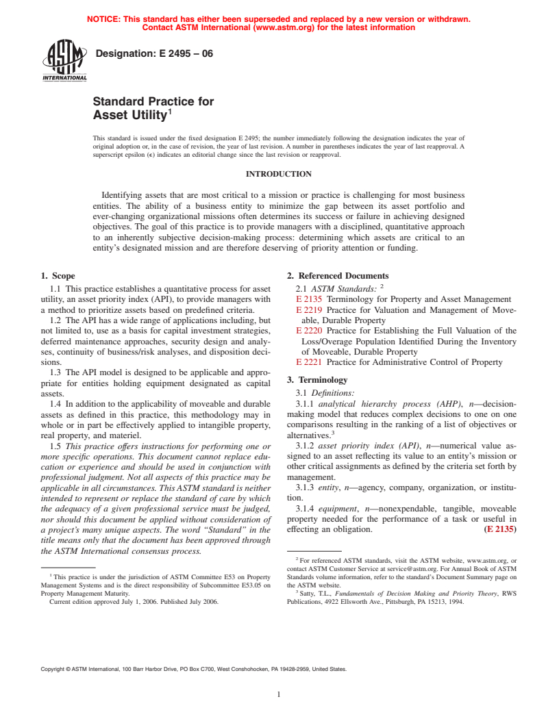 ASTM E2495-06 - Standard Practice for Asset Utility