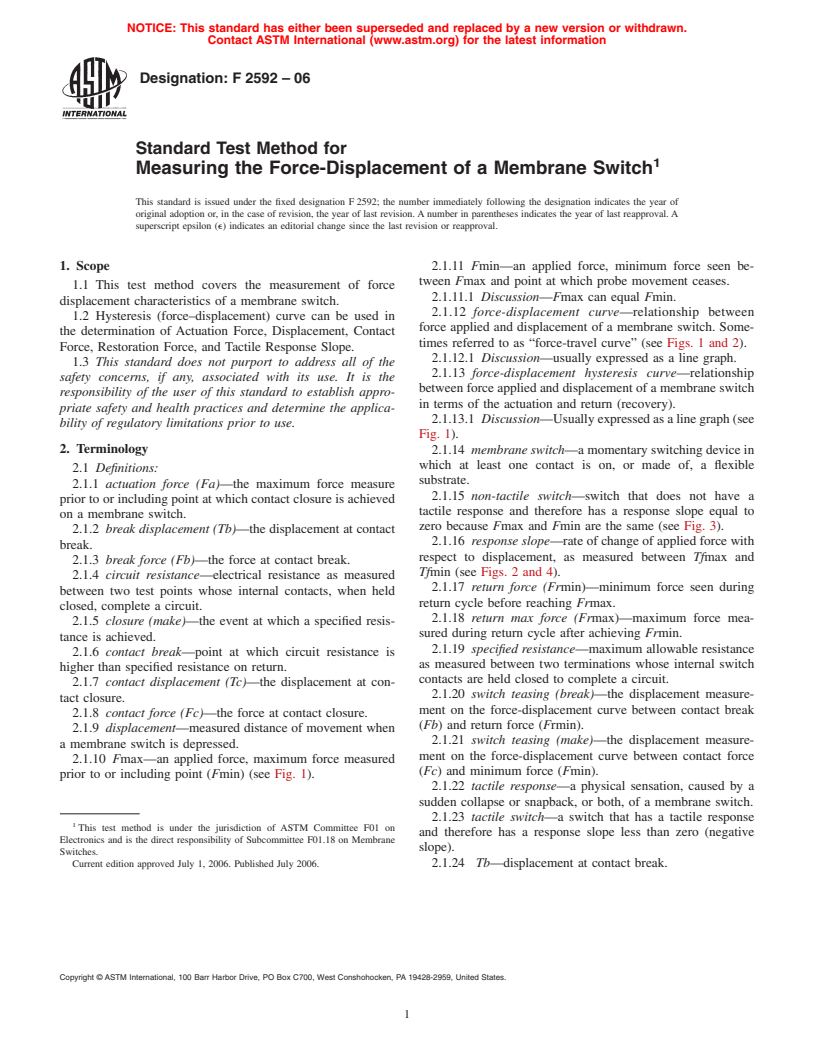 ASTM F2592-06 - Standard Test Method for Measuring the Force-Displacement of a Membrane Switch