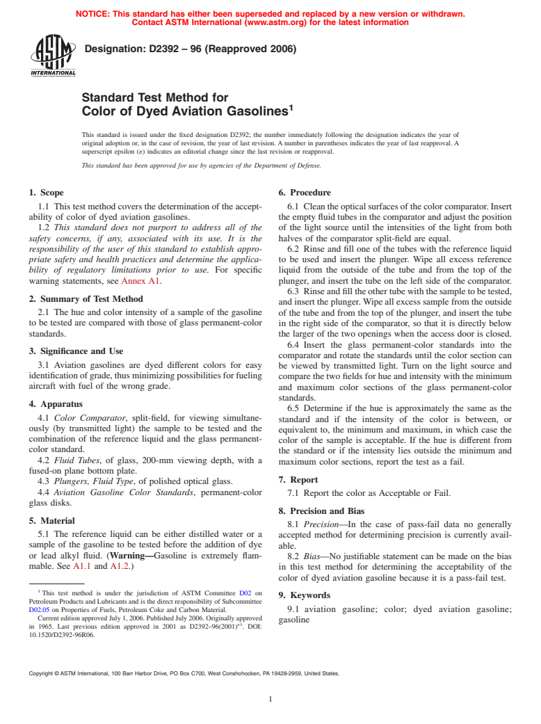 ASTM D2392-96(2006) - Standard Test Method for Color Of Dyed Aviation Gasolines