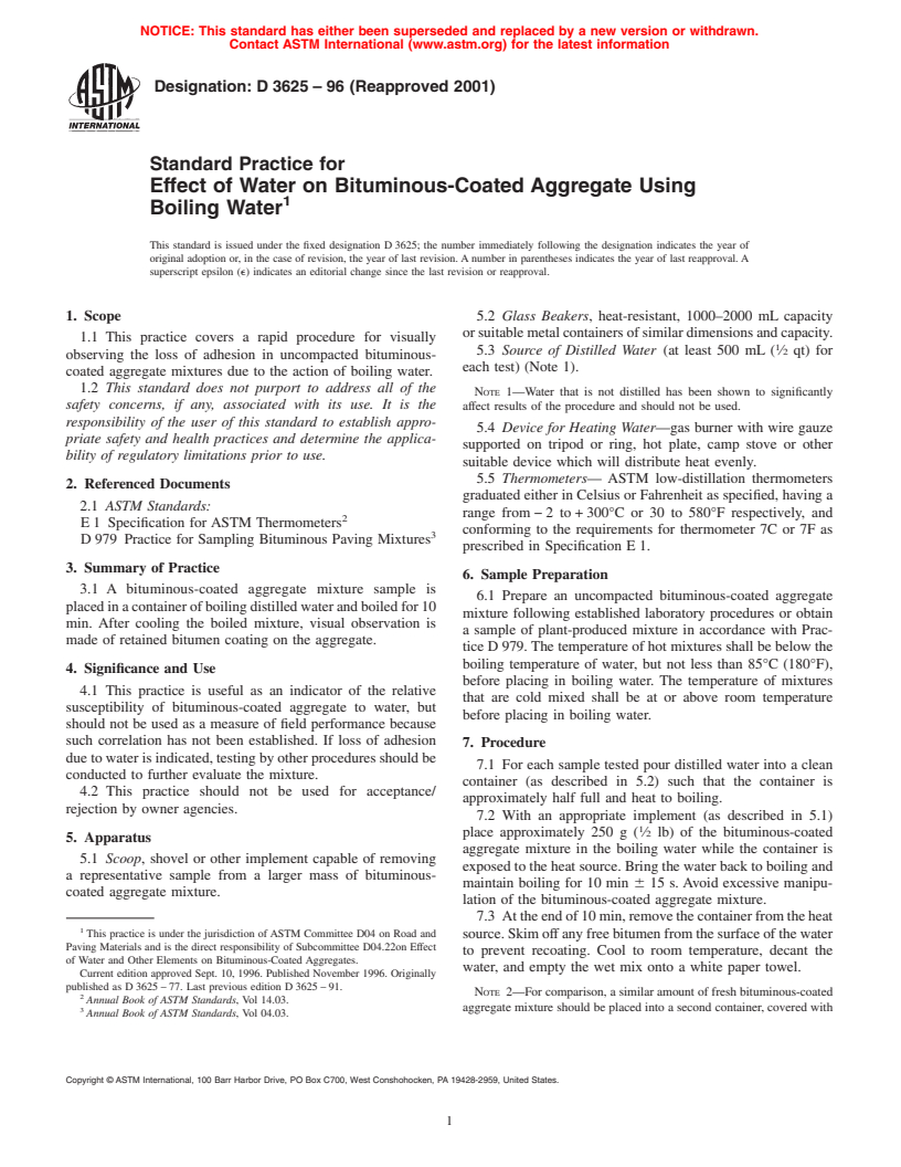 ASTM D3625-96(2001) - Standard Practice for Effect of Water on Bituminous-Coated Aggregate Using Boiling Water