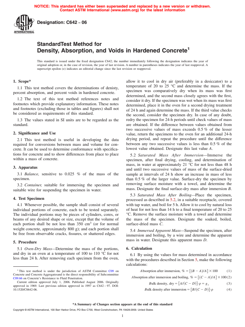 ASTM C642-06 - Standard Test Method for Density, Absorption, and Voids in Hardened Concrete