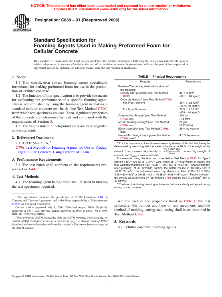 ASTM C869-91(2006) - Standard Specification for Foaming Agents Used in Making Preformed Foam for Cellular Concrete