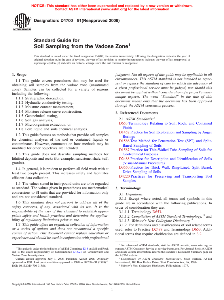 ASTM D4700-91(2006) - Standard Guide for Soil Sampling from the Vadose Zone