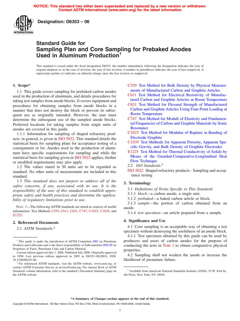 ASTM D6353-06 - Standard Guide for Sampling Plan and Core Sampling for Prebaked Anodes Used in Aluminum Production