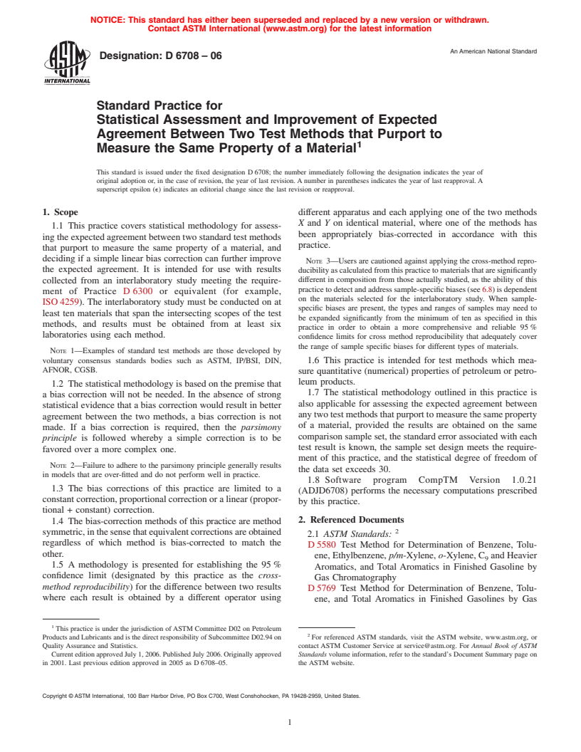 ASTM D6708-06 - Standard Practice for Statistical Assessment and Improvement of Expected Agreement Between Two Test Methods that Purport to Measure the Same Property of a Material