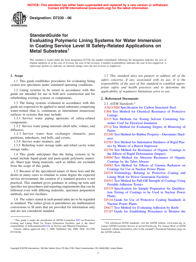 ASTM D7230-06 - Standard Guide for Evaluating Polymeric Lining Systems for Water Immersion in Coating Service Level III Safety-Related Applications on Metal Substrates