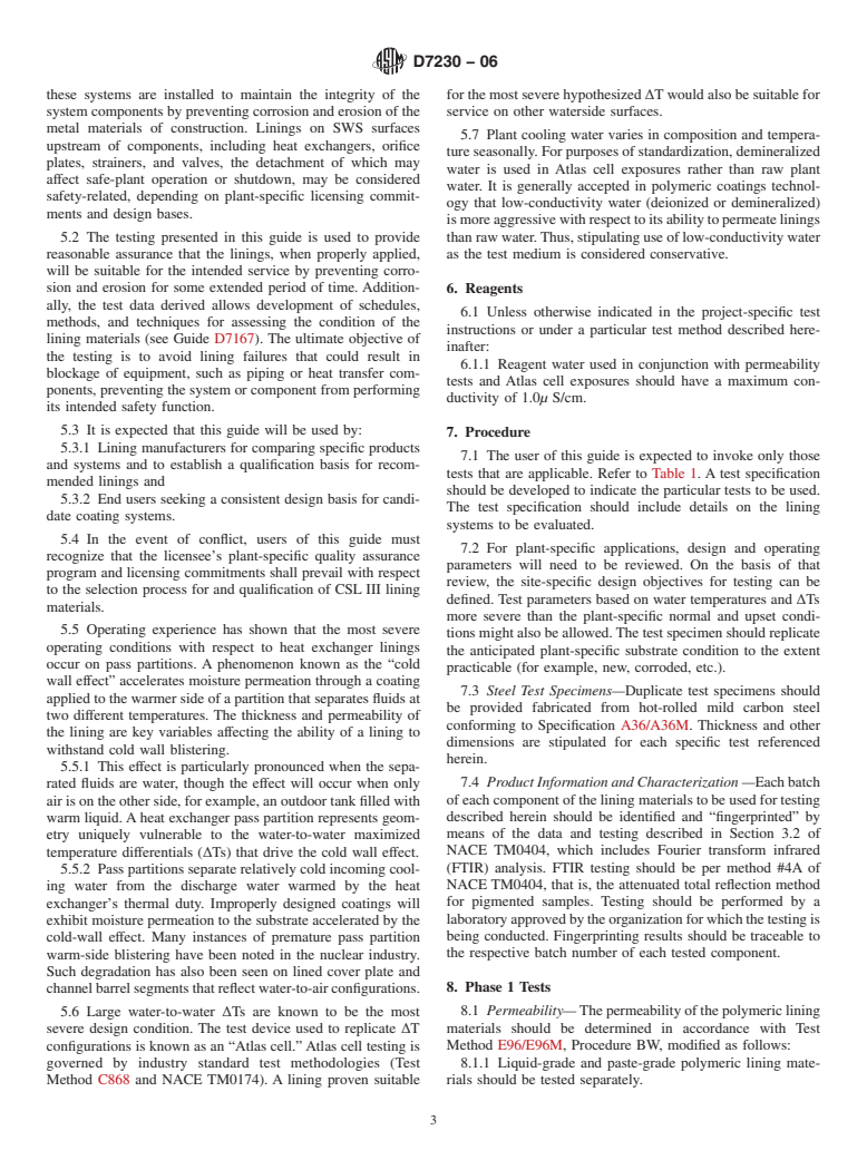 ASTM D7230-06 - Standard Guide for Evaluating Polymeric Lining Systems for Water Immersion in Coating Service Level III Safety-Related Applications on Metal Substrates