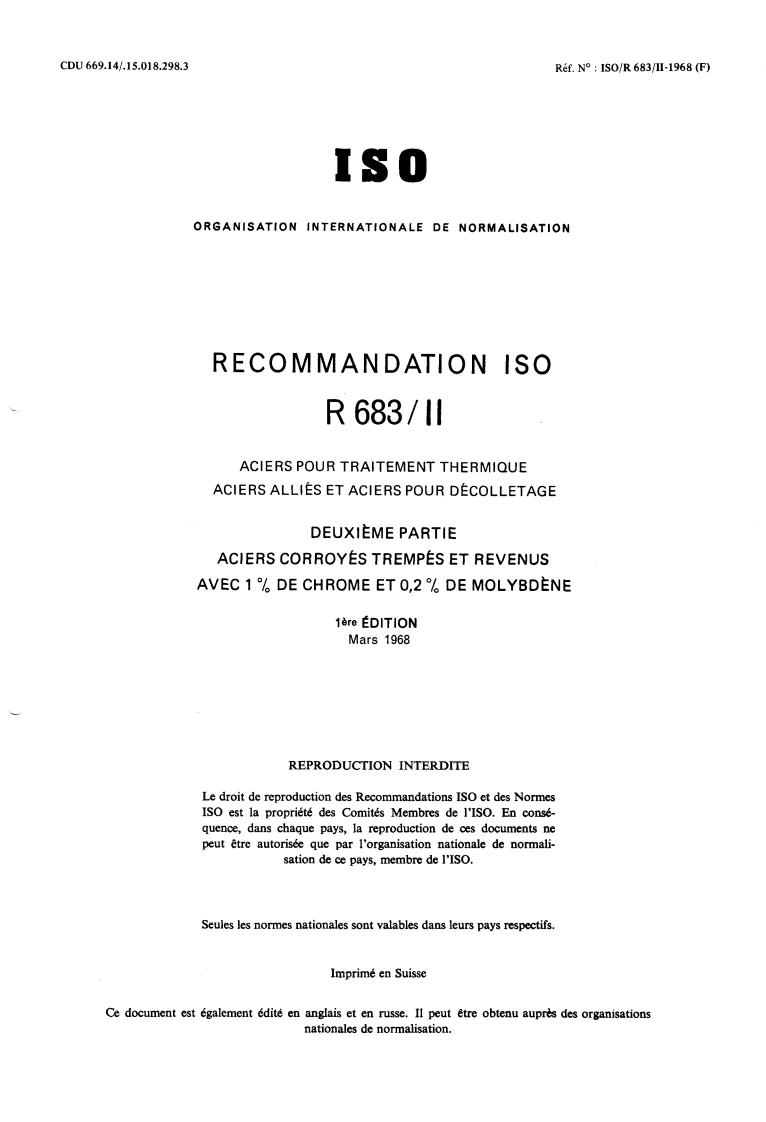 ISO/R 683-2:1968 - Heat-treated steels, alloy steels and free-cutting steels — Part 2: Wrought quenched and tempered steels with 1 % chromium and 0,2 % molybdenum
Released:3/1/1968