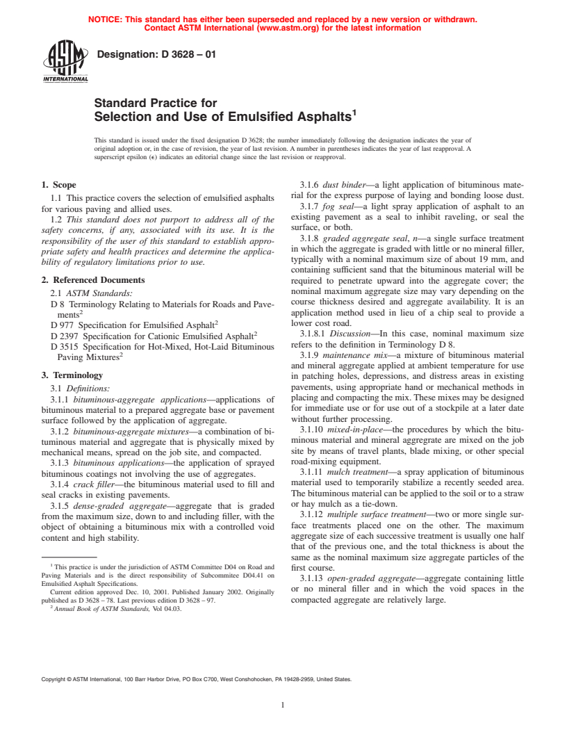 ASTM D3628-01 - Standard Practice for Selection and Use of Emulsified Asphalts