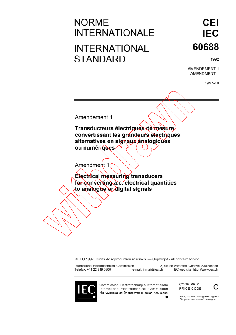 IEC 60688:1992/AMD1:1997 - Amendment 1 - Electrical measuring transducers for converting a.c. electrical quantities to analogue or digital signals
Released:10/9/1997
Isbn:2831840457