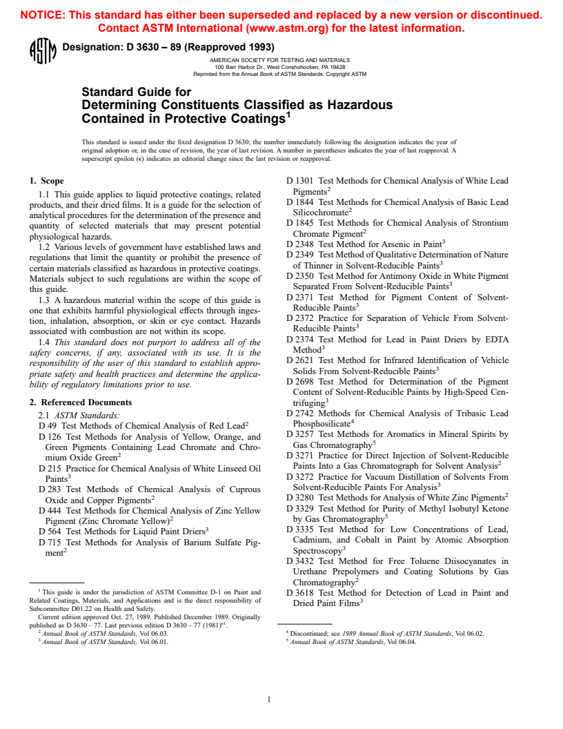 ASTM D3630-89(1993) - Standard Guide for Determining Constituents Classified as Hazardous Contained in Protective Coatings (Withdrawn 2001)