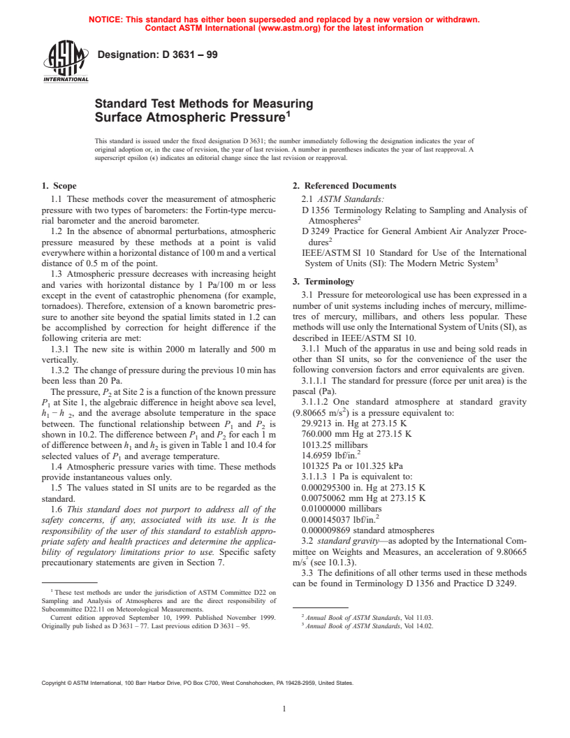 ASTM D3631-99 - Standard Test Methods for Measuring Surface Atmospheric Pressure