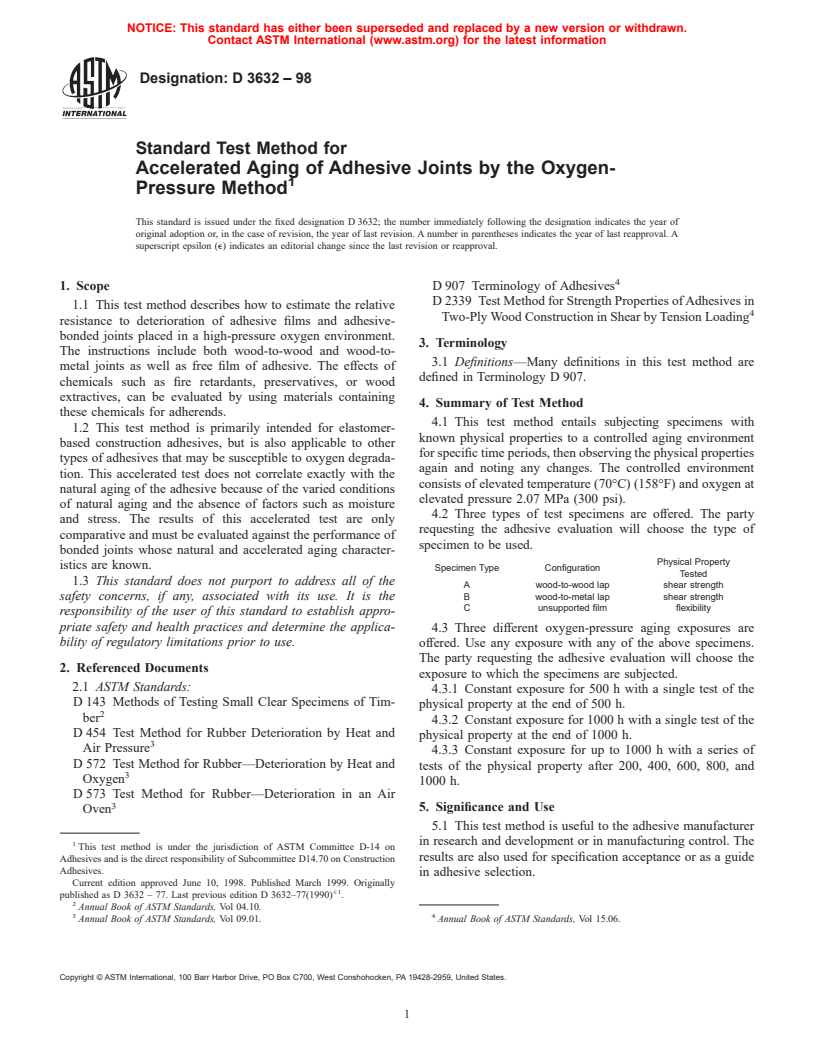 ASTM D3632-98 - Standard Test Method for Accelerated Aging of Adhesive Joints by the Oxygen-Pressure Method