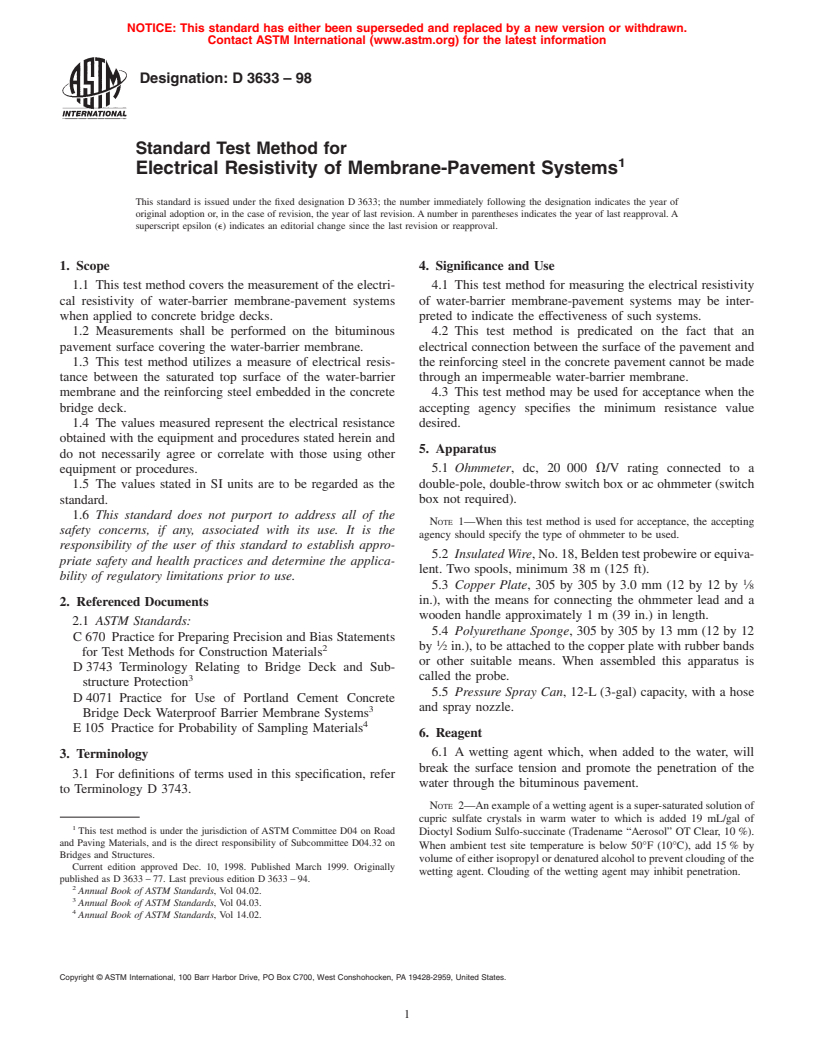 ASTM D3633-98 - Standard Test Method for Electrical Resistivity of Membrane-Pavement Systems