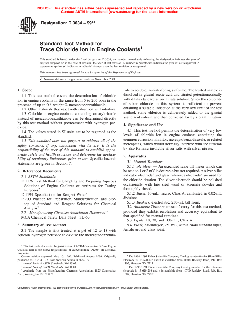 ASTM D3634-99e1 - Standard Test Method for Trace Chloride Ion in Engine Coolants