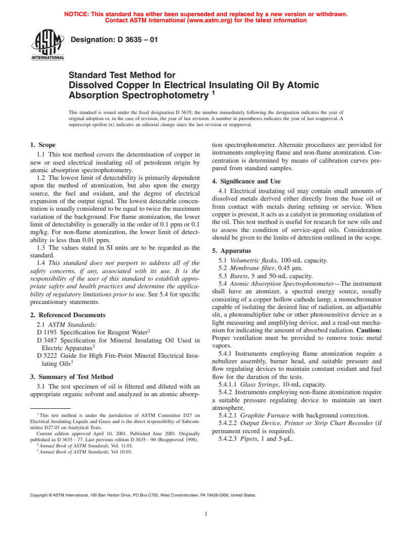 ASTM D3635-01 - Standard Test Method for Dissolved Copper In Electrical Insulating Oil By Atomic Absorption Spectrophotometry