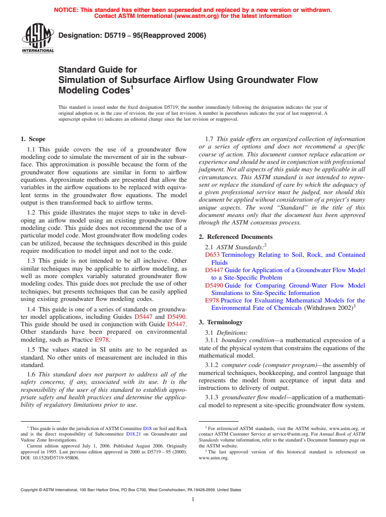 ASTM D5719-95(2006) - Standard Guide for  Simulation of Subsurface Airflow Using Groundwater Flow Modeling Codes