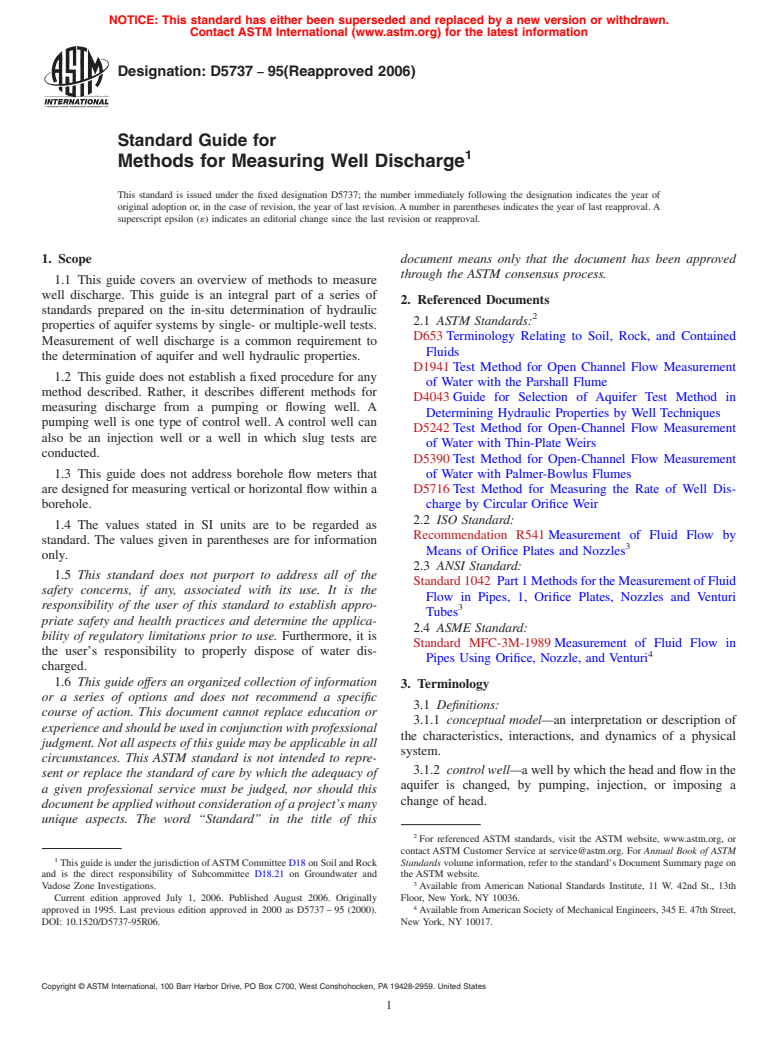 ASTM D5737-95(2006) - Standard Guide for  Methods for Measuring Well Discharge