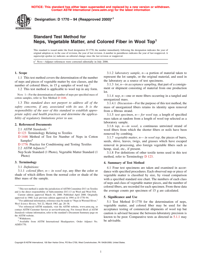 ASTM D1770-94(2000)e1 - Standard Test Method for Neps, Vegetable Matter, and Colored Fiber in Wool Top