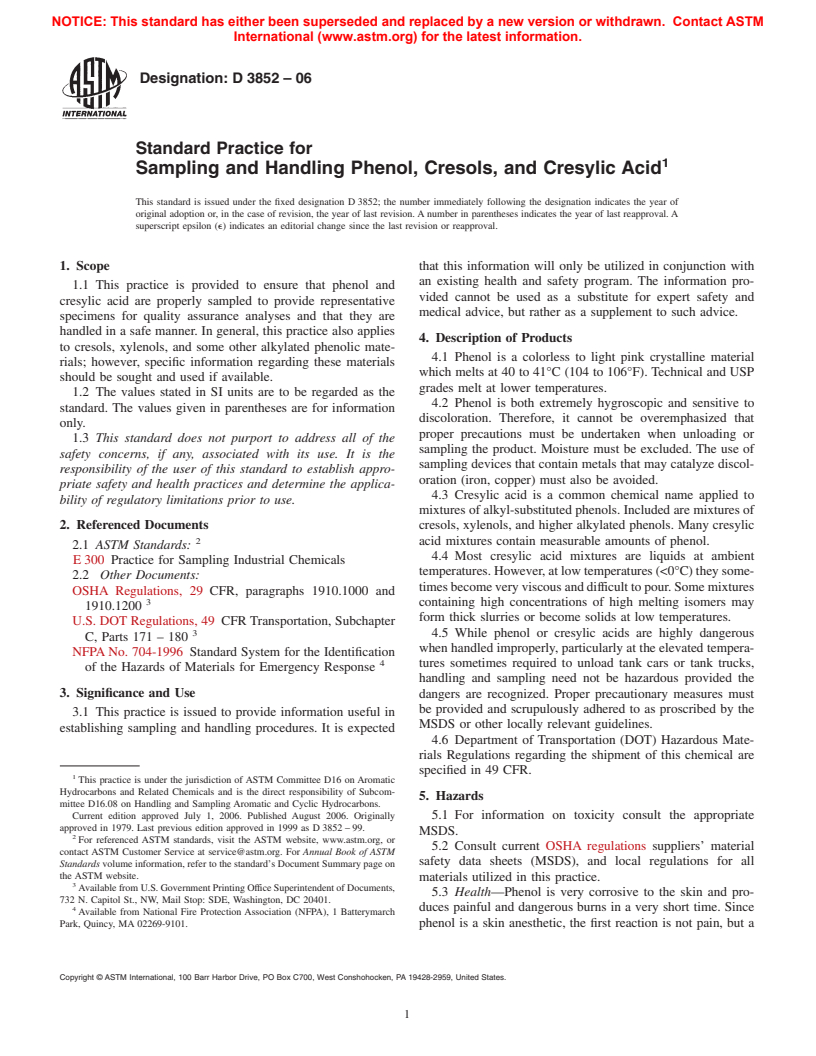 ASTM D3852-06 - Standard Practice for Sampling and Handling Phenol, Cresols, and Cresylic Acid