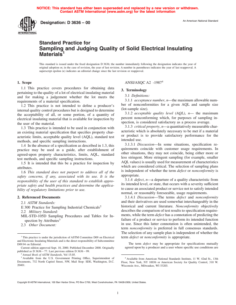 ASTM D3636-00 - Standard Practice for Sampling and Judging Quality of Solid Electrical Insulating Materials